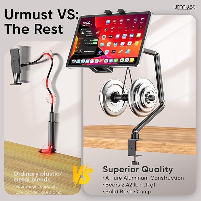 Urmust Portable Monitor Stand 15.6", iPad Stand for Desk, Portable Monitor Holder up to 18.5" Holds, Adjustable Desktop Tablet Arm Mount, Apple iPad Holder for Desk, for 4.7"-12.9" i Pad Pro/Air/Mini