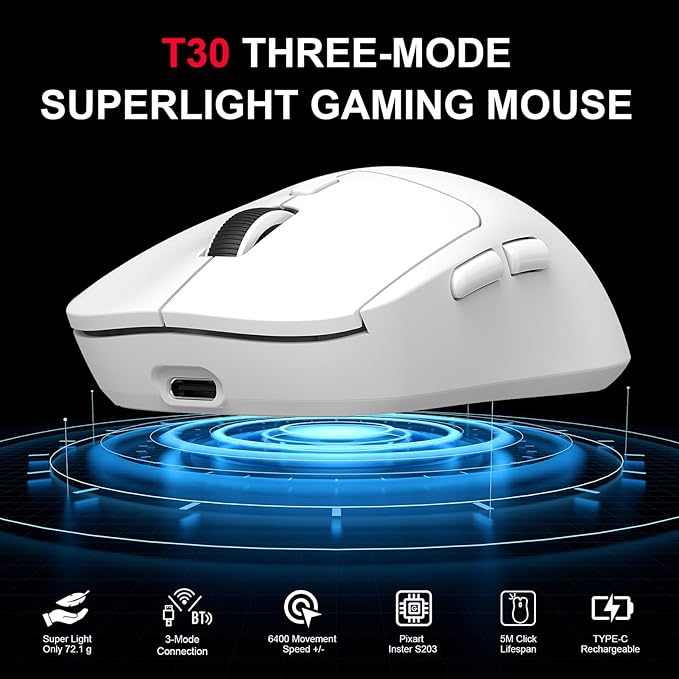 GOWENIC Wireless Gaming Mouse, 6400 DPI 3-Mode Gaming Mouse, 2.4G Wired 6 Keys Ergonomic Design for Desktop Laptop (T30 White)