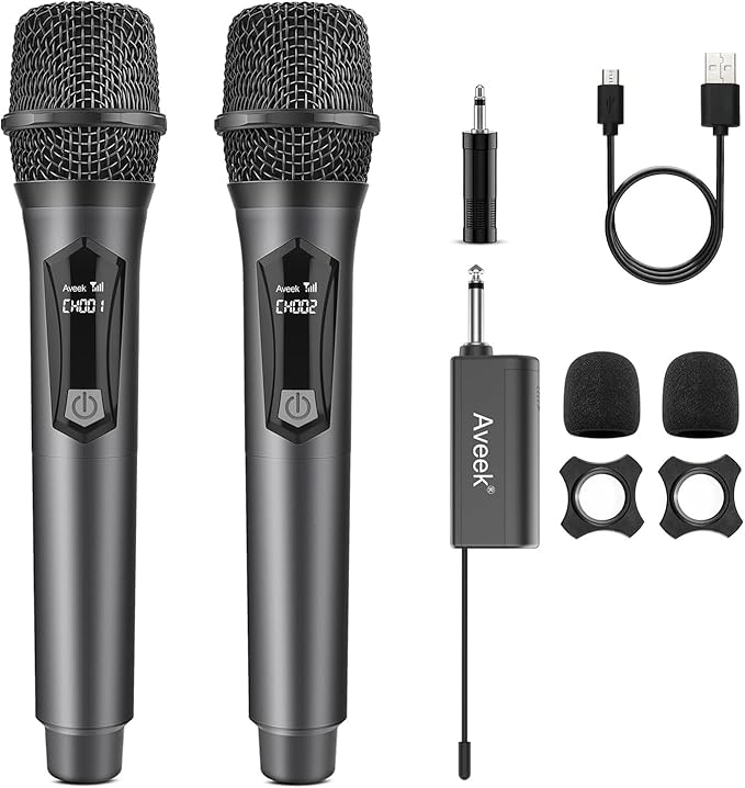 Aveek Wireless Karaoke Microphone, Rechargeable Handheld Mic with Receiver for Powered Speakers and Amplifiers, Karaoke Microphone Set for Singing, Weddings, DJ, Parties (2 Pack)