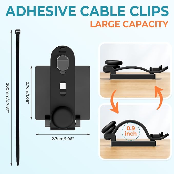 Kanemc Cable Clips Management Kit, 15 Cable Holder With Silicone Cord Ties, 15 Nylon Zip Tie, Extra 15 Screws & 8 Adjustable Cable Straps For Workspace Organizers PV Computer TV Under Desk Wire Setup - Image 5
