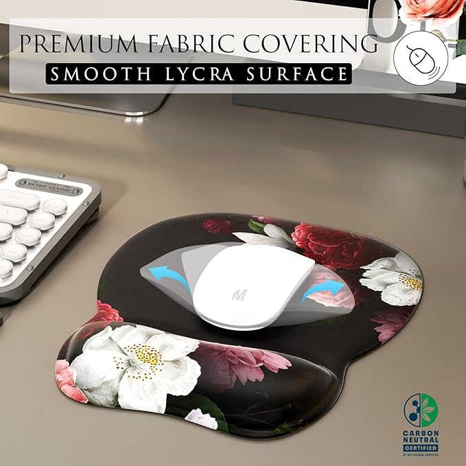 MROCO Ergonomic Mouse Pad with Gel Wrist Rest, Smooth Wrist Support Surface, Non-Slip PU Base for Pain Relief, Comfortable Mousepad for Computer, Laptop, Office & Home, 9.4 x 8.1 in, Black Flower