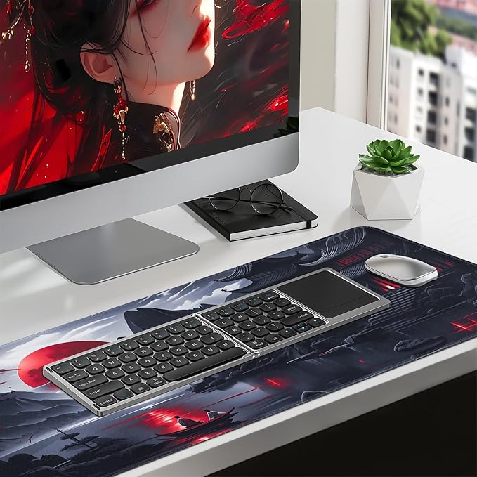 Large Gaming Mouse Pad, Anime Black Mousepad with Stitched Edges, Expanded Cool Desk Mat, Japanese Red Moon XL Keyboard Mat Suitable for Home Office,31.5 X 11.8 Inch
