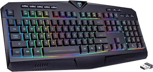 Wireless Keyboard, Rechargeable RGB Backlit Wireless Gaming Keyboard with Wrist Rest, Silent Keys, Multimedia Keys, Anti-ghosting, Full-Size Waterproof Light Up Keyboard for PC Mac Xbox Gamer