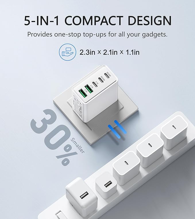 2Pack USB C Fast Charger Block,60W 5-Port USB Wall Charger Brick,2 USB A & 3 USB C PD3.0 Power Adapter Multiport Type C Charging Plug for iPhone 17/16/15/14,Pad Mini/Pro,AirPods 4,GalaxyS25(White)