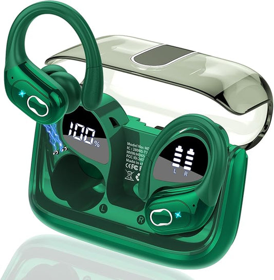Wireless Earbuds 75hrs Bluetooth 5.4 Headphone Sport, 2026 Bluetooth Earbuds Stereo Deep Bass Over Ear Bud with Earhooks, ENC Noise Cancelling Mic, IPX7 Waterproof Earphone for Gym/Workout, Dark Green