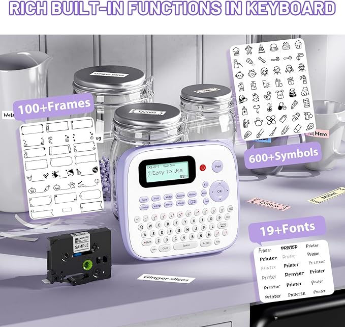 Label Maker Machine with-Tape Waterproof, Desktop Label Maker, Portable Labelmaker Purple for Teachers Kids Classroom, Labeler with Multiple Symbols &Fonts for Home Office School Use, D210S