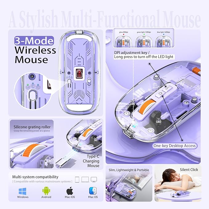 Creative Transparent Slim Wireless Mouse - Magnetic Cover, 3-Mode (Dual Bluetooth + USB), Rechargeable, One-Click Desktop, for MacBook/pc/iPad/Laptop (Purple)