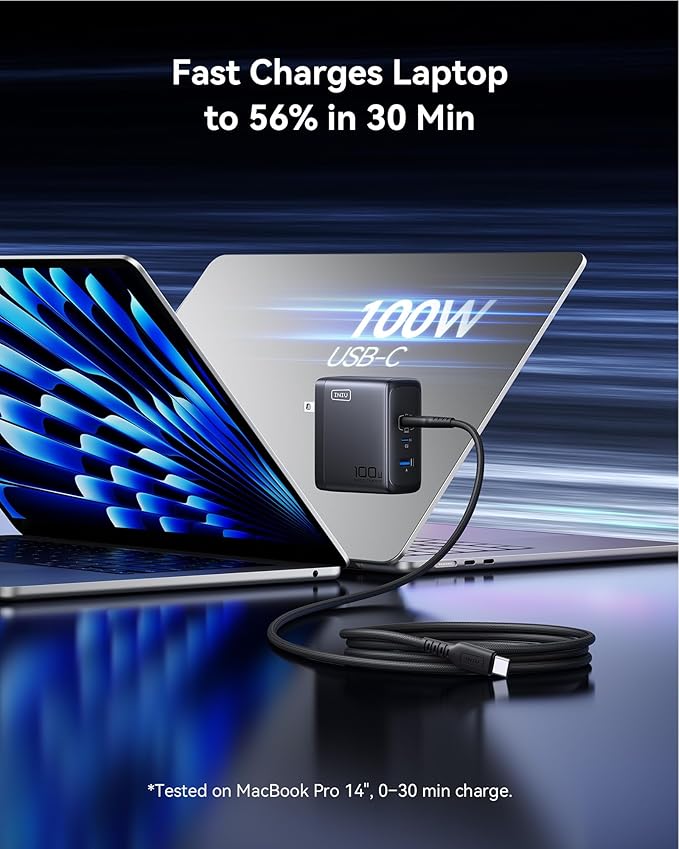 INIU for Macbook Pro Air Charger, 100W 3-Port PD Fast Charging, Compact Foldable Charger With USB C Cable, GaN Power Adapter For Mac Book, iPad, iPhone 17, Samsung S25, Switch, Camping, Business, Blue