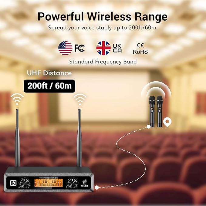TONOR Wireless Microphones System, 2 * 15 Channel Metal Professional UHF Cordless Dynamic Handheld Mics with Receiver for Home Karaoke, Meeting, Party, Church, DJ, Wedding, KTV, 200ft, TW-820 Black