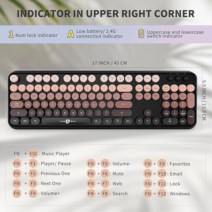FOPETT Wireless Keyboard and Mouse Combo - 2.4G Full-Sized Cute Colorful Mouse and Keyboard with 104 Round Keys Retro Typewriter Keyboard for Laptop/Windows/PC - Pink Gradient