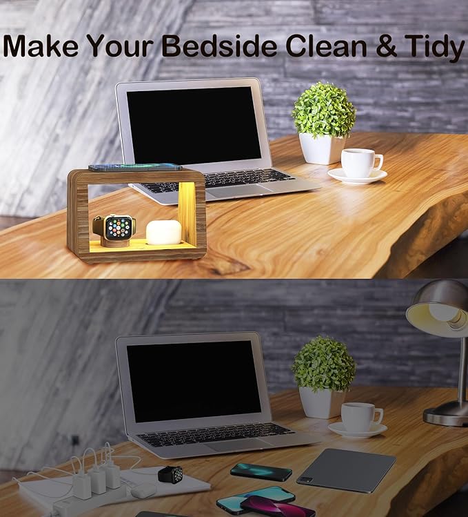 Bamboo Charging Station for Multiple Devices,15W Fast Wireless Charging Station with Nightlight, 3 Color & 4 Adjustable Brightness Compatible with Phone/Watch/AirPods