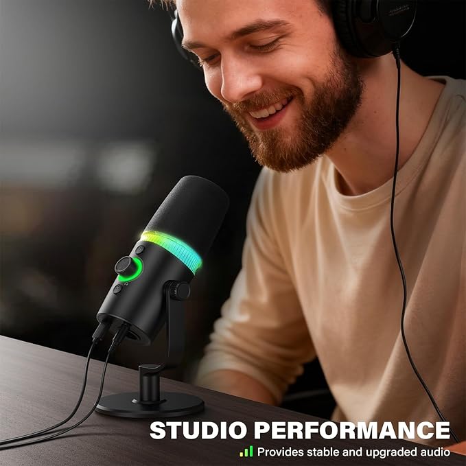 USB/XLR Dynamic Microphone Podcast & Gaming Microphone for PC, Vocal Mic with RGB Lighting, Tap-to-Mute, Gain Control & Headphone Monitoring for YouTube Streaming