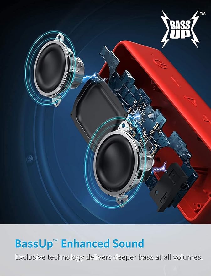 Soundcore Anker 2 Portable Bluetooth Speaker with Better Bass, 24-Hour Playtime, 66ft Bluetooth Range, IPX5 Water Resistance & Built-in Mic, Dual-Driver Wireless Speaker (Red) (Renewed)