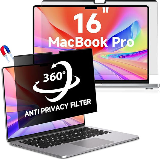 Magnetic Privacy Screen for Macbook Pro 16 Inch (2021-2024, M1, M2, M3, M4), Removable Anti Glare Blue Light Macbook Pro Screen Protector, 360° Anti Spy and Easy Install Shield