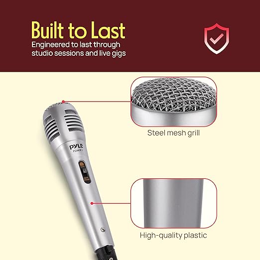 Pyle Wired Dynamic Microphone, Uni-Directional, Handheld Mic with Pop Filter, Steel Mesh Grill, 6.5 ft XLR Cable, Ideal for Stage and Studio Use, Rugged Construction, High Signal Output