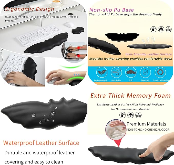 Keyboard Wrist Rest - Soft Leather Halloween Bat Wrist Pad for Mouse Wrist Rest with Non-Slip Base, Wrist Pad for Keyboard,Arm Rest for Desk Computer Laptop Mac Gaming Office Black
