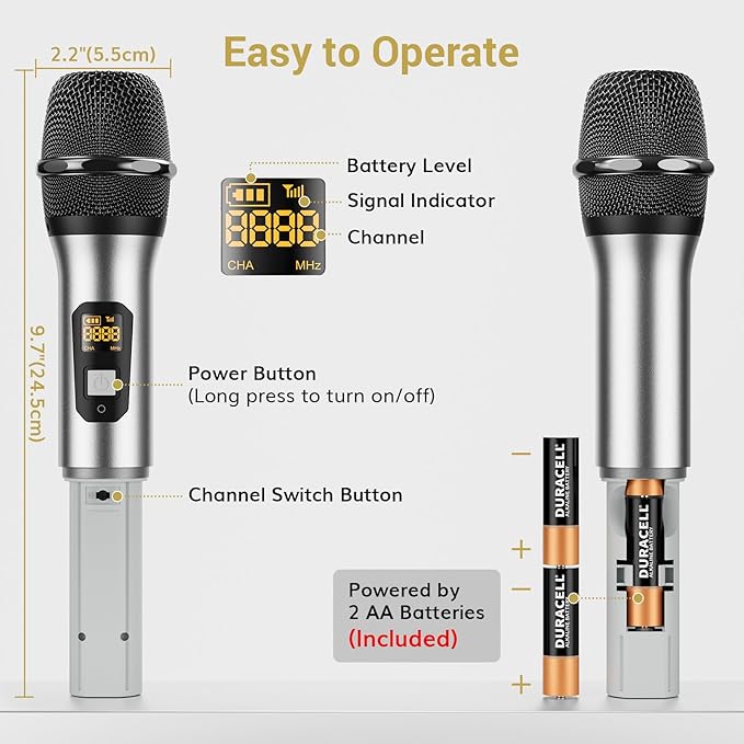 TONOR Wireless Microphones System, 4x5 Channel UHF Wireless Mic, 4 Handheld Adjustable Frequency Metal Cordless Dynamic Mic, Multiset Operation, 90 m Ideal for Karaoke Singing Wedding Church, Silver