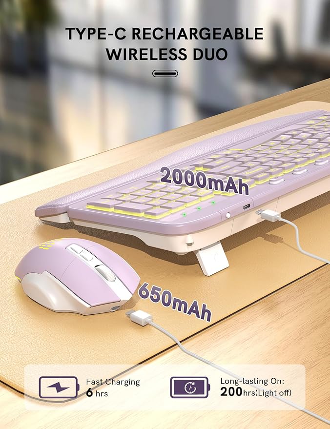 SABLUTE Ergonomic Wireless Keyboard and Mouse Combo - Wave Keyboard with Soft Leather Wrist Rest, Resistant Keys, RGB Backlit Rechargeable Set for PC/Mac/Chromebook (Lavender Purple)