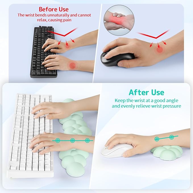 Sushret Cloud Wrist Rest for Keyboard and Mouse, Memory Foam PU Leather Keyboard Wrist Rest with Ergonomic Support, Non-Slip Base, Cute Arm Rest Pad & Palm Cushion, Office Desk Accessory, Light Green