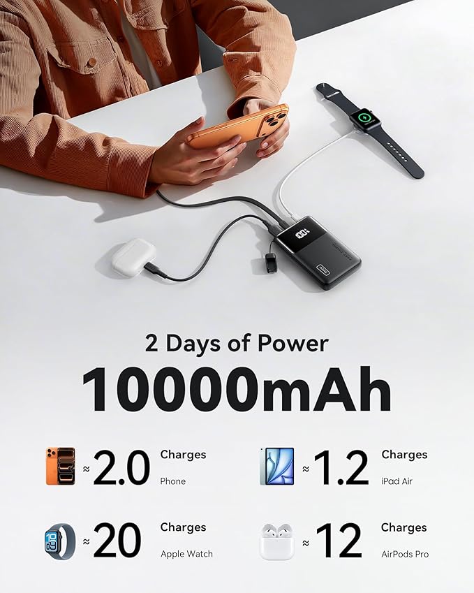INIU Small Portable Charger, 45W PD Fast Charging 10000mAh Power Bank, Battery Pack with Attached USB C Cable, Travel Essentials Powerbank for iPhone 17 16 15 14 Pro Air, Xiaomi, Samsung S25 S24 etc