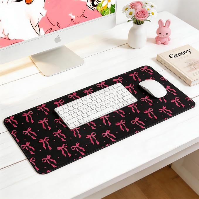 Large Gaming Mouse Pad 31.5 x 11.8in Desk Mat for Office Mousepad Anti-Skid Rubber Base Soft Comfortable and Durable Desk Pad (Black Bow)