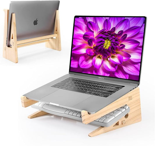 Wooden Laptop Stand for Desk, Vertical & Horizontal Wood Laptop Riser with Keyboard Storage, Compatible with MacBook Air Pro/Dell/HP/Lenovo 13-17 Inch Laptops