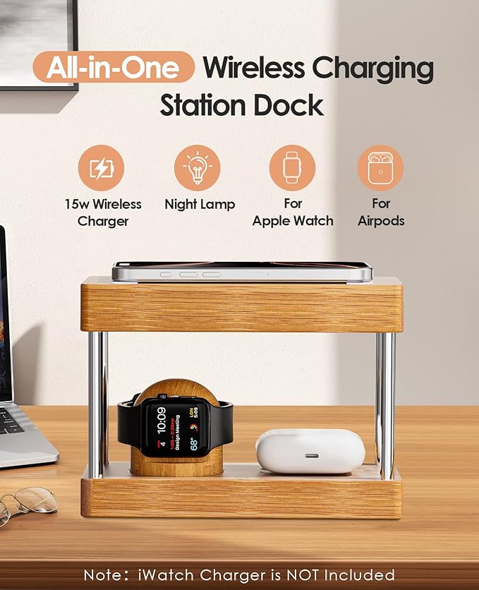 Bamboo Wireless Charging Station with Light: Ideal Gifts for Her Him 4 in 1 Charging Station for Multiple Devices, Bedside Wireless Charger for iPhones 16-8/Pro/AirPods/iWatch