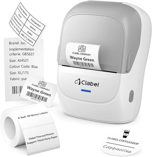 CLABEL Label Maker Machine with Tape, 221B Thermal Bluetooth Label Printer 2 Inch Portable Barcode Inkless Sticker for Small Business, Retail Office,Office, Home, Came with 1 Roll Label (Gray White)