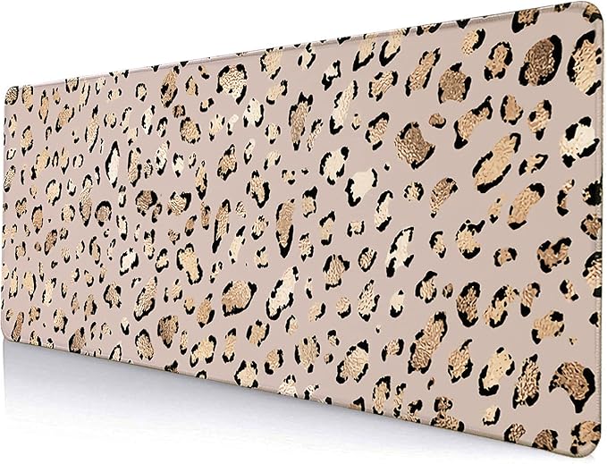 Large Gaming Mouse Pad, Desk Pad, Computer Keyboard Mouse Mat Non-Slip Mousepad Rubber Base and Stitched Edges for Gamer Home&Office, 31.5x11.8 Inch, Leopard Print Gold Shining Spots