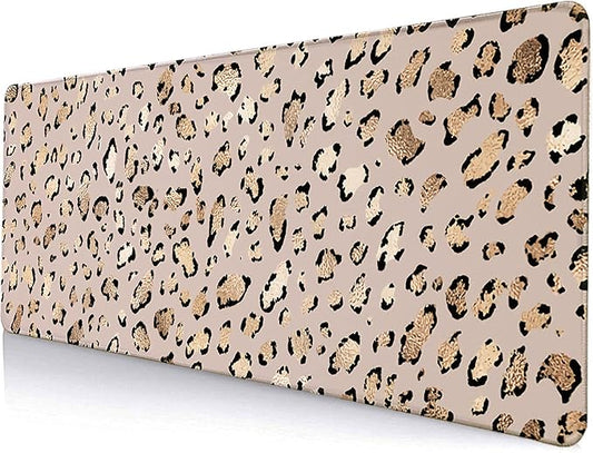 Large Gaming Mouse Pad, Desk Pad, Computer Keyboard Mouse Mat Non-Slip Mousepad Rubber Base and Stitched Edges for Gamer Home&Office, 31.5x11.8 Inch, Leopard Print Gold Shining Spots
