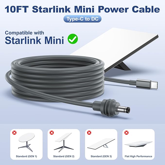 Starlink Mini Cable 10FT/3M, 18AWG USB C to DC Power Cable for Starlink Mini Compatible with Power Bank 65W+ PD Source, Starlink Mini Accessories,Waterproof USB Type C to DC Cable for Indoor & Outdoor