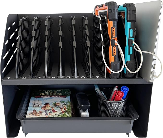 Laptop Charging Station for Classroom, Office, or Home, 10-Device Organizer with 6 AC Outlets & 4 Fast-Charging USB Ports, Fits Laptops, Tablets & E-Readers up to 1.3" Thick, 15.6"