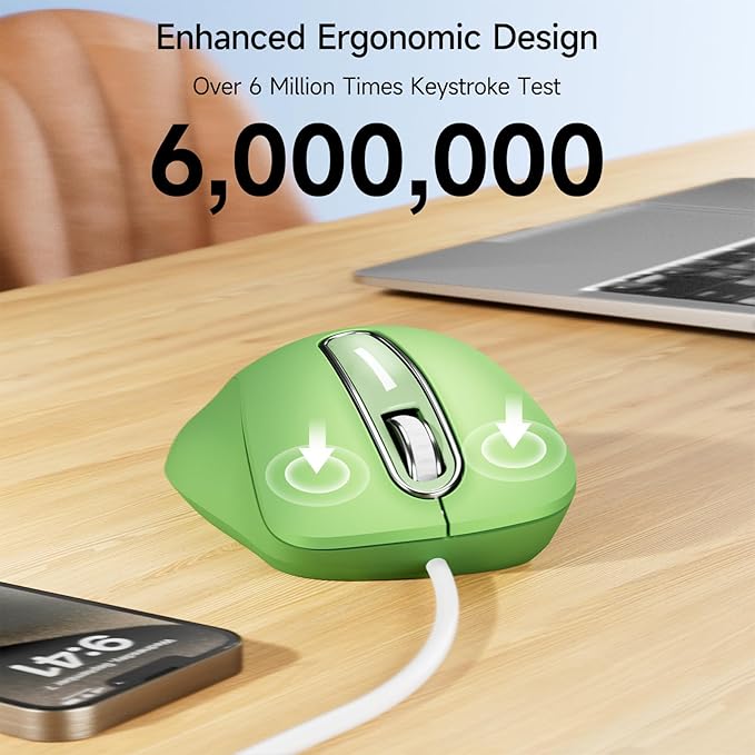 memzuoix Wired Mouse, USB Computer Mouse 1400 DPI Mobile Optical Mouse Ergonomic Design Computer Mice with 5FT Cord for Laptop, PC, Desktop, MacBook, 5 Buttons (Green)
