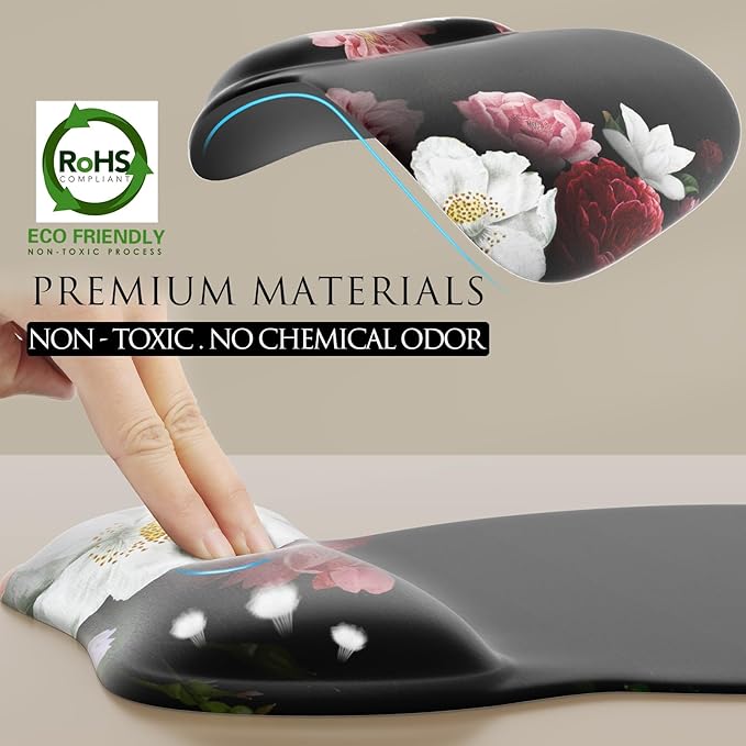 MROCO Ergonomic Mouse Pad with Gel Wrist Rest, Smooth Wrist Support Surface, Non-Slip PU Base for Pain Relief, Comfortable Mousepad for Computer, Laptop, Office & Home, 9.4 x 8.1 in, Black Flower