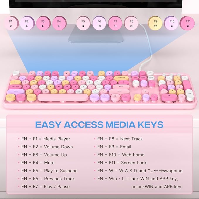 Wired Keyboard, 104 Keys Full-Sized Typewriter Keyboards, USB Plug and Play Office Keyboard with Number Pad, Caps Indicators, Foldable Stands for Windows, PC, Laptop (Pink Colorful)