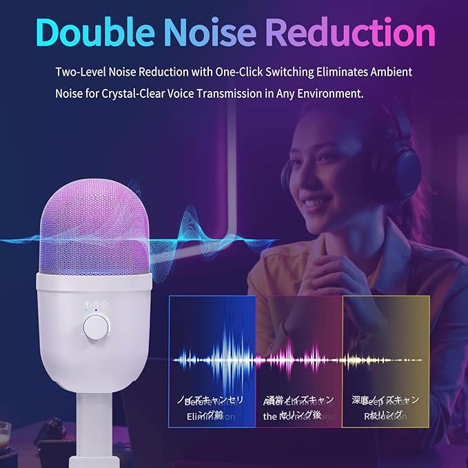USB Gaming Condenser Microphone for PC/Desktop,192kHz/24Bit,Noise Cancellation,Monitoring,Quick Mute & RGB Lighting,USB PC Mic for Laptop,Podcast,Streaming,Recording White
