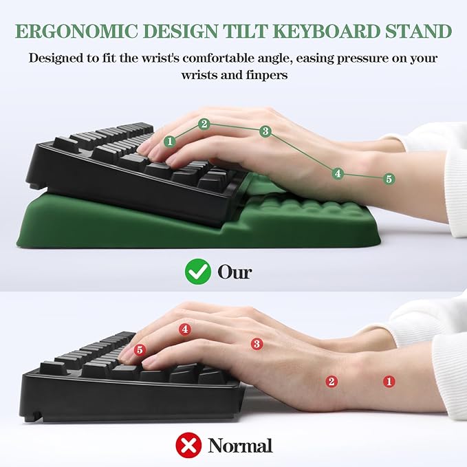 Ergonomic Keyboard Stand with Wrist Rest, Computer Wrist Support Pad, Tilted Keyboard Riser Holder Lift Tray with Wrist Pad, Easy Typing, Comfy Soft Memory Foam Desk Cushion for Office (03- Green)