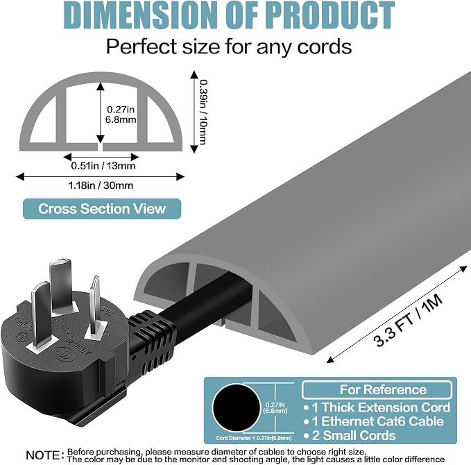 Floor Cord Cover Self Adhesive Cord Hider,3.3FT Cable Management, Extension Strip Protector for Wires, Prevent Cable Trips for Offices, Gyms, Exhibitions Cavity:0.39"(W) x 0.27"(H) Gray - Image 2