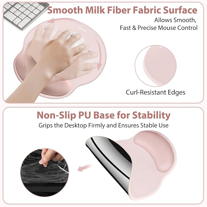Sushret Mouse Pad and Keyboard Wrist Rest, 3-in-1 Gel Memory Foam Ergonomic Mouse Pad with Wrist Rest Set, Gaming Mousepad Arm Cushion Support for Computer Office Desk Accessories Cute Setup, Pink