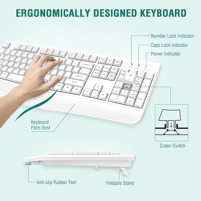 EDJO Wireless Keyboard, 2.4G Ergonomic Full Size Wireless Computer Keyboard with Wrist Rest for Windows, Mac OS Desktop/Laptop/PC White