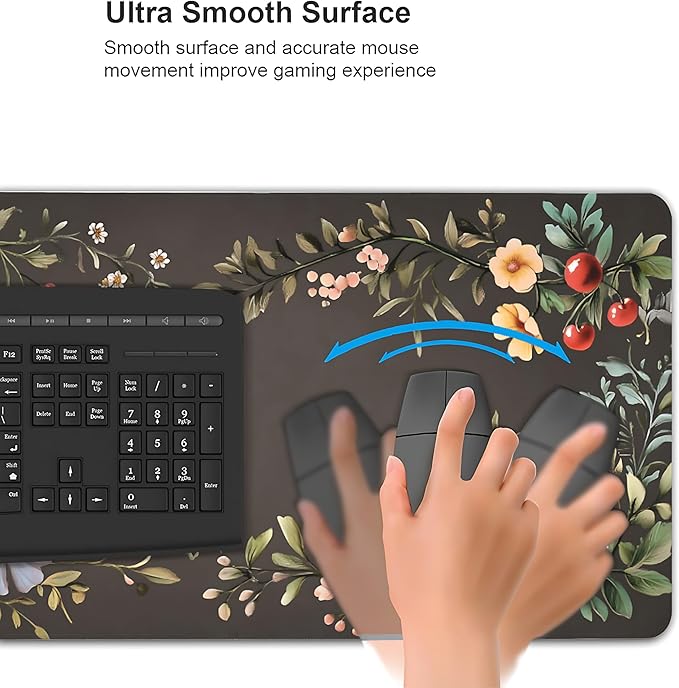 Cute Floral Aesthetic Wildflower Gaming Mouse Pad, Dark Charcoal Cottagecore Desk Mat with Anti-Slip Base & Stitched Edges, Computer Keyboard & Laptop Pad, 35.4" x 15.7" in in Workstation Accessories