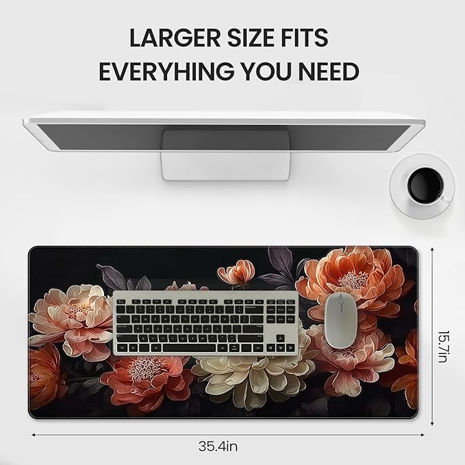 Extended Mouse Pad, Elegant Peony Floral Design, 35.4 x 15.7 Inch, Microfiber Surface, Non-Slip Base, Waterproof, Black with Coral and Cream Flowers