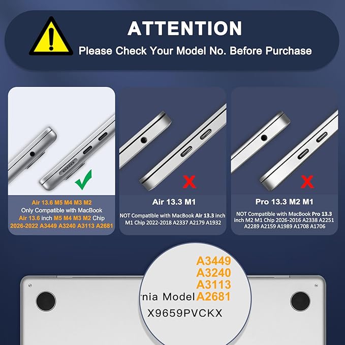 MOSISO Compatible with MacBook Air 13 inch Case M5 2026 M4 2025 M3 M2 2024-2022 A3449 A3240 A3113 A2681,3 in 1 Kit Crack-Resistant Heavy Duty Protective Plastic Hard Case with TPU Bumper,Lavender Gray