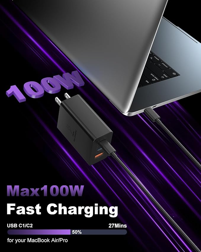 USB C Charger Block 100W, 3-Port GaN Super Fast Phone Charger, Type C 65W Laptop Chargers with 10ft USB C Charging Cable for MacBook Pro/Air,iPad Pro, iPhone 17/16, Galaxy S26 Ultra/S24[2 Pack]-Black
