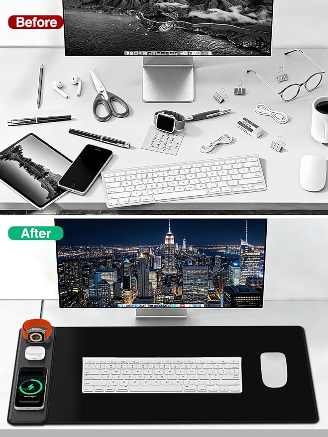 Mouse Pad with Magnetic Wireless Charging, Large Desk Mat, Non-Slip Mouse Mat, Keyboard Pad for Gaming, Desk, Office, PC (The Left Charging-Black with 20W PD Charger)