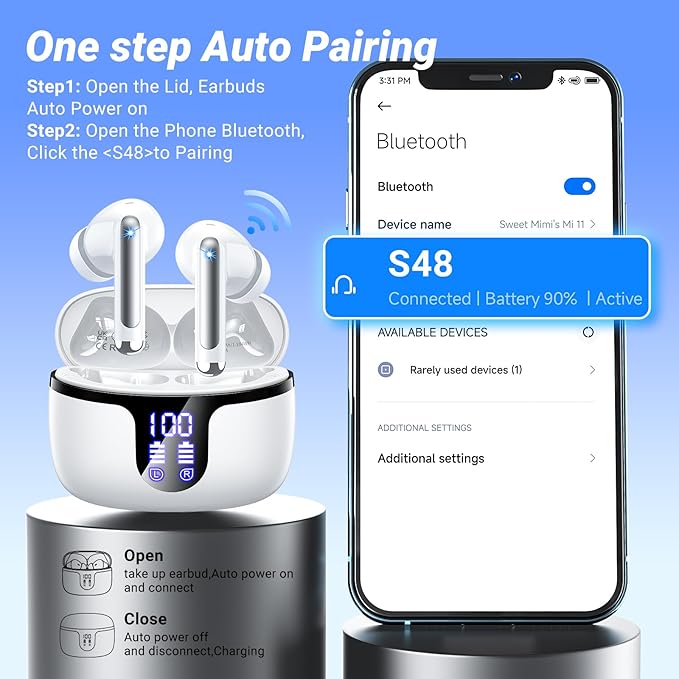 Wireless Earbuds Bluetooth 5.4 Headphones HiFi Stereo 42H Playback in Ear with 4 ENC Noise Cancelling Mic, IPX7 Waterproof and LED Battery Display Screen for Running Fitness Office Ear Buds in White
