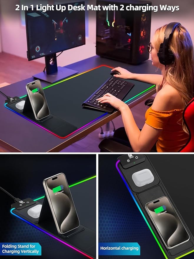 XXL Mouse Pad with Foldable Phone Holder - Black, RGB Desk Mat with 15W Fast Charging, LED Gaming Mousepad with 11 Light Colors, Waterproof Non-Slip Pad (Stand-XXL RGB Black PD Adapter)