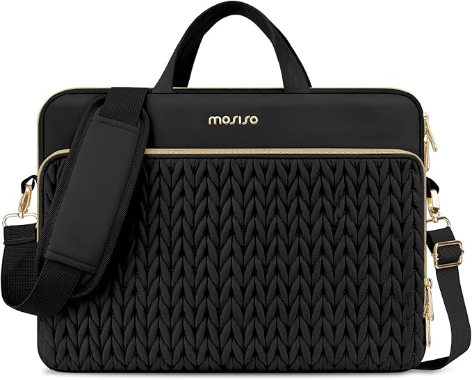 MOSISO 15.6 inch Laptop Shoulder Bag for Women, 15-16 inch Computer Bags Compatible with MacBook Pro 16 inch/Air 15 inch,HP Dell Lenovo ASUS, Wheat Ear Quilted Laptop Bag with Handle&Pocket, Black