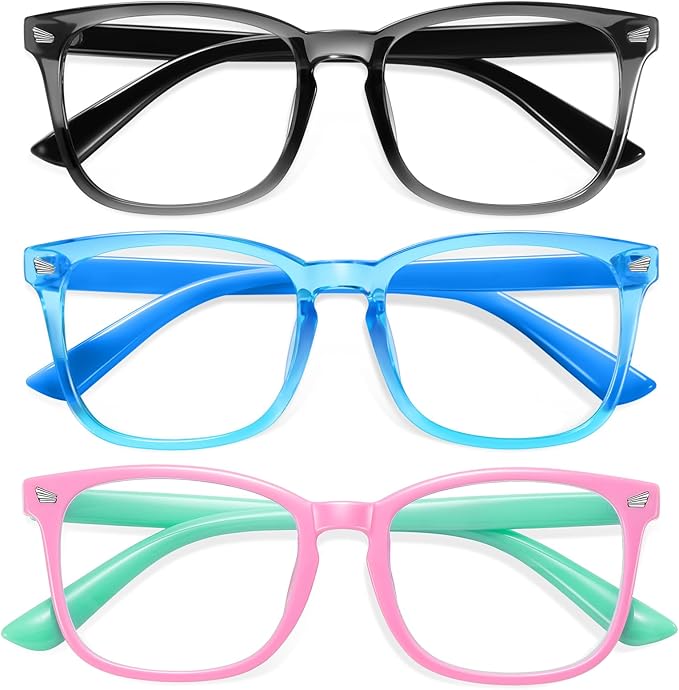 Okany Blue Light Glasses for Kids Blue Light Blocking Glasses for Girls Boys Anti Glare Computer Gaming Glasses Eyestrain Protection Glasses for Age 3-10 (Black+Blue+Pg)