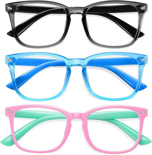 Okany Blue Light Glasses for Kids Blue Light Blocking Glasses for Girls Boys Anti Glare Computer Gaming Glasses Eyestrain Protection Glasses for Age 3-10 (Black+Blue+Pg)